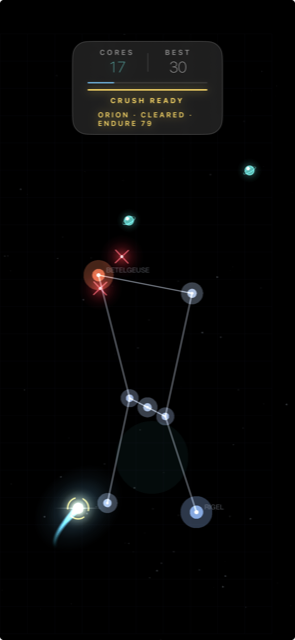 Roche Limit gameplay: crush-ready state next to red anti-matter stars in Orion
