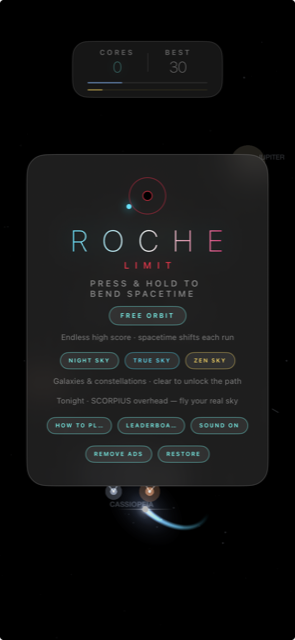 Roche Limit home menu — four modes on pure black