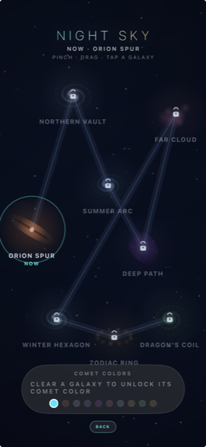 Roche Limit night-sky map: galaxy worlds branching from Orion Spur