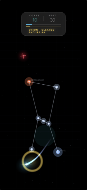 Roche Limit gameplay: the comet in flight, gold ring lit, tracing Orion
